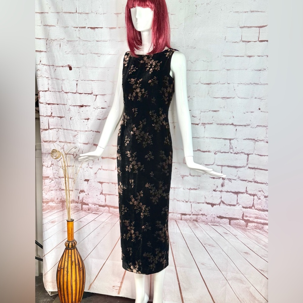 JONES NY EVENING 6P Black & Brown Velvet Design Sleeveless Sheath Midi Dress - Picture 14 of 16